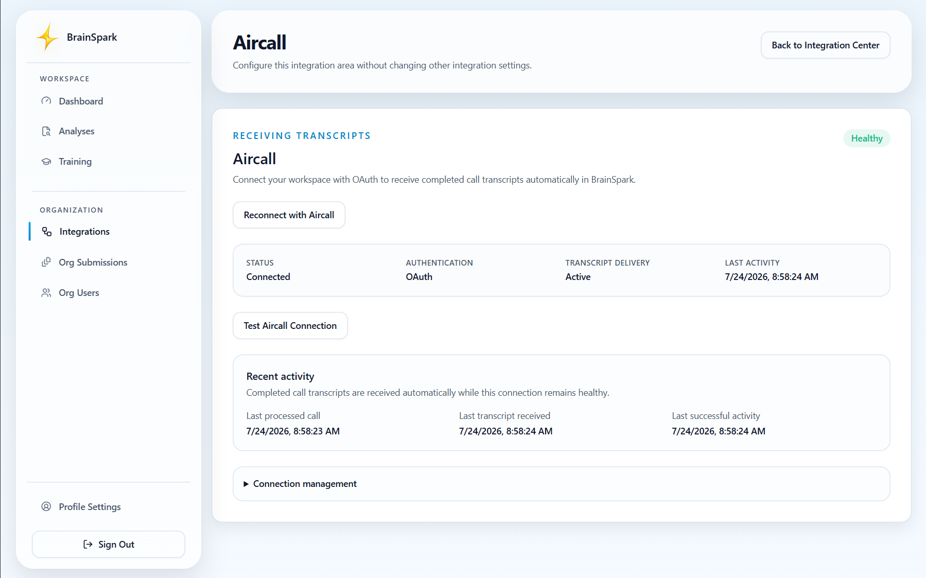 Connected Aircall integration