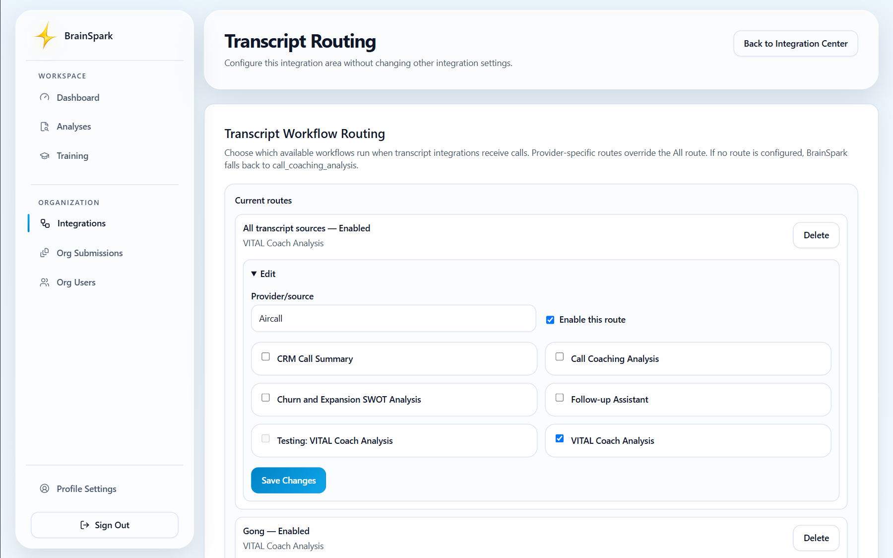 Transcript routing configuration