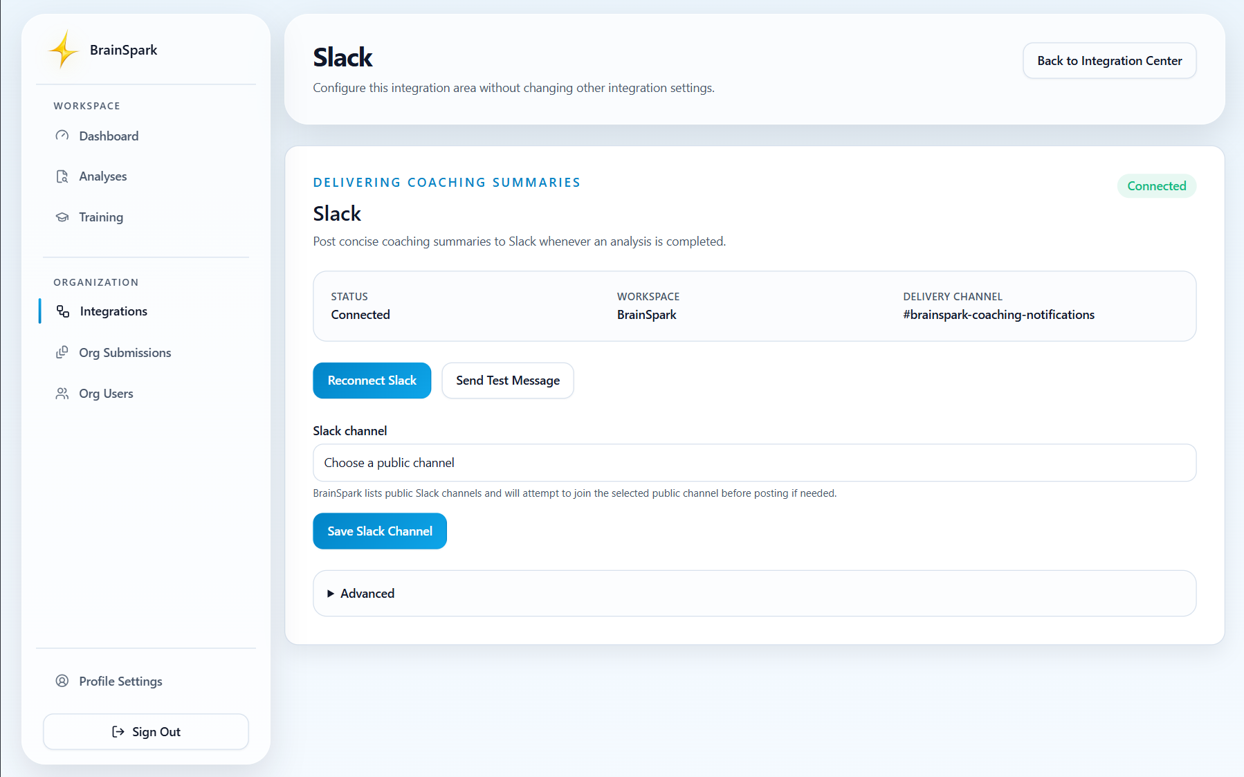 Connected Slack integration
